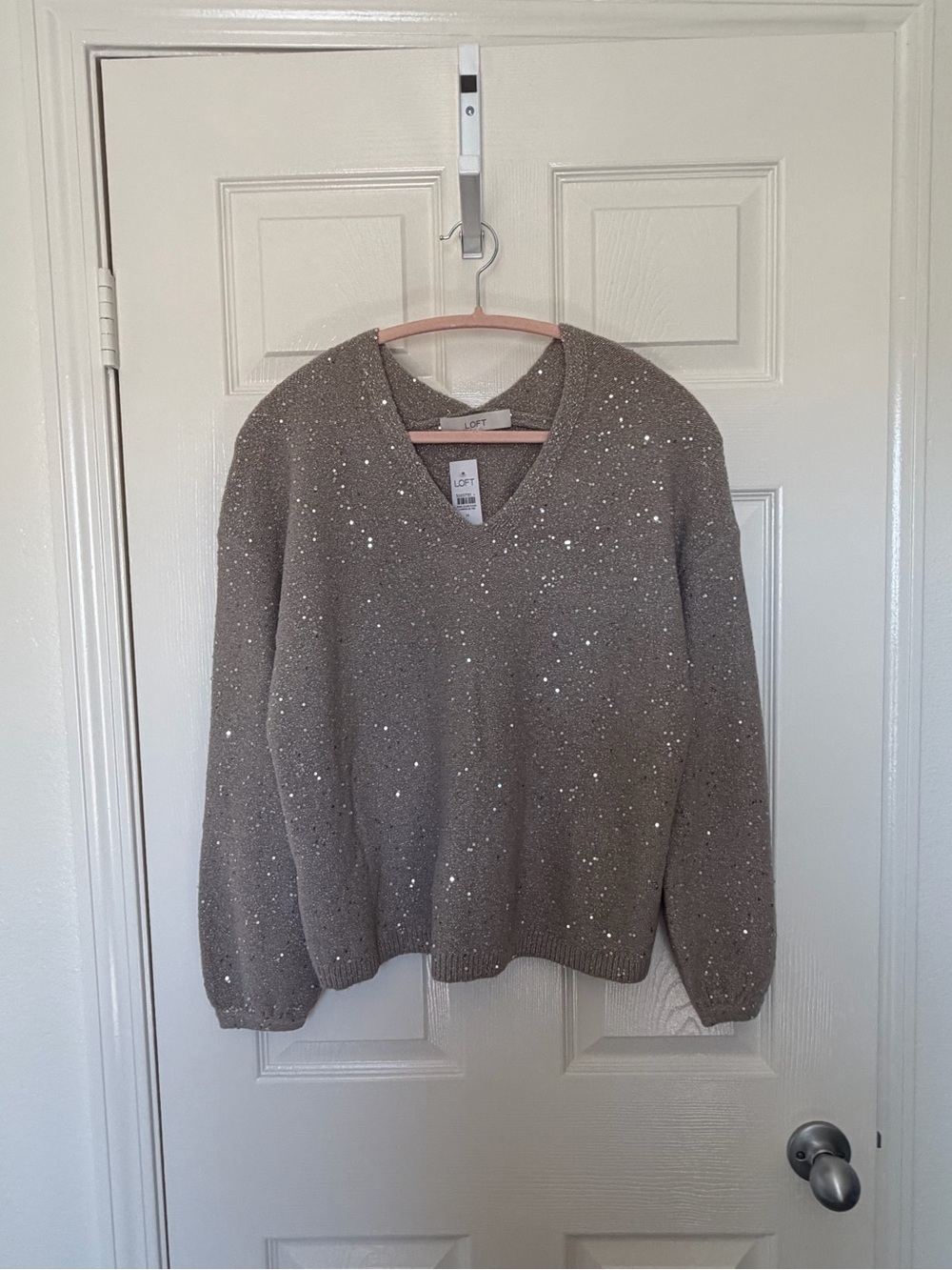LOFT Sparkle Taupe Double V-Neck Sweater